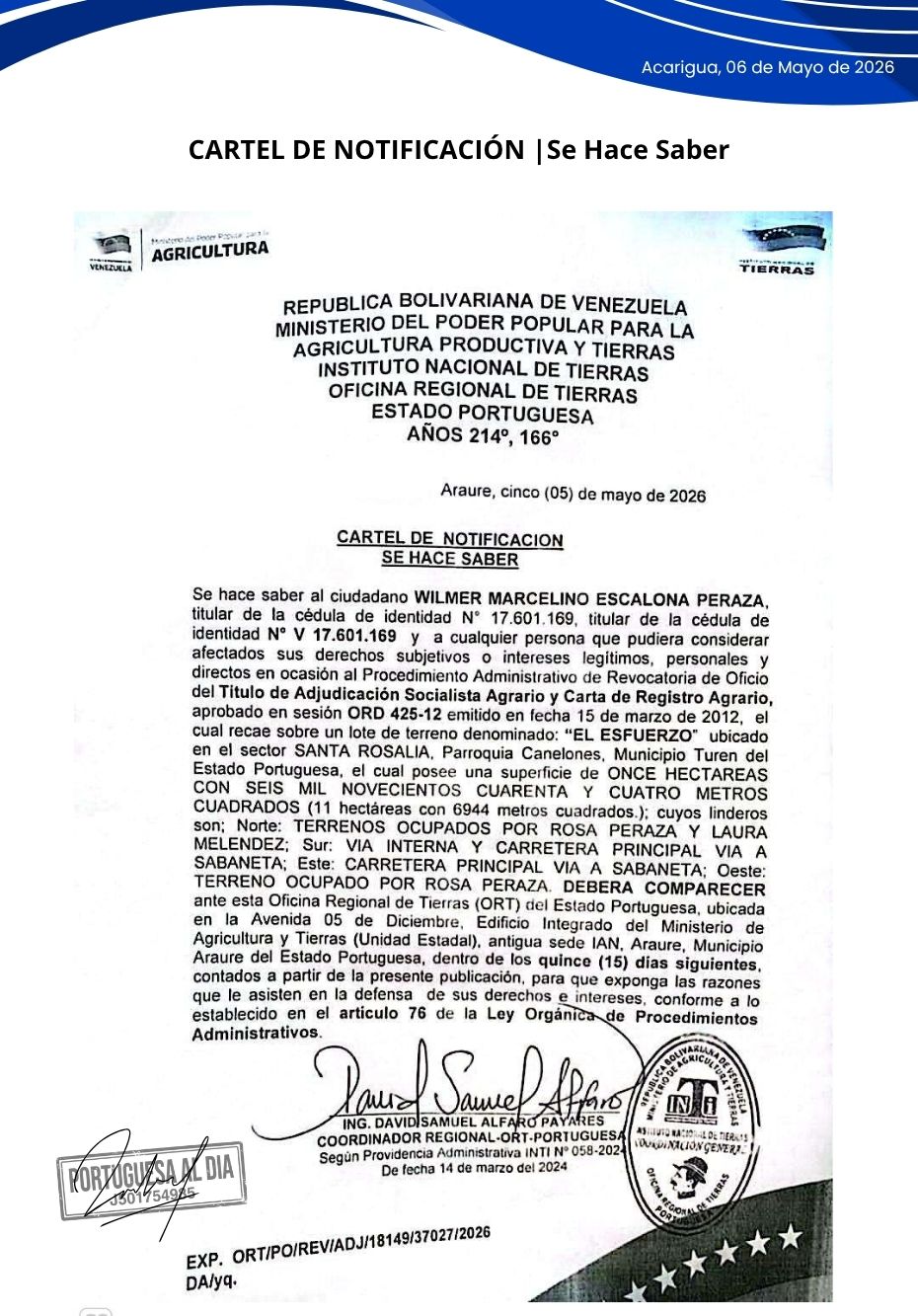 CARTEL DE NOTIFICACION WILMER M. ESCALONA P.