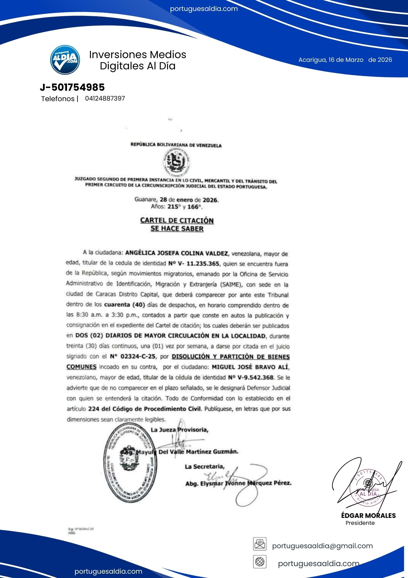 CARTEL DE CITACIÓN, SE HACE SABER