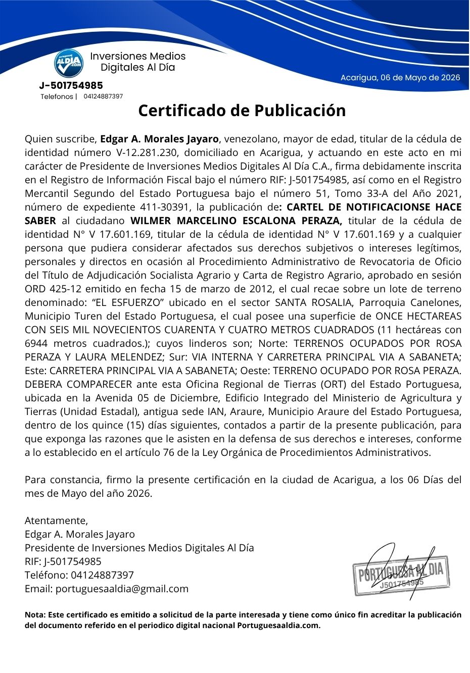 Cartel se hace saber