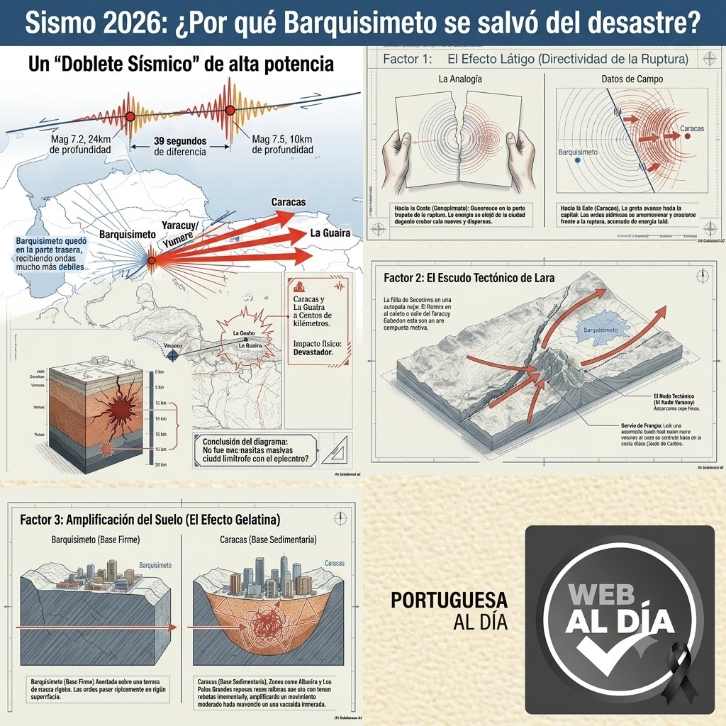 Mapa infográfico explicativo del doble sismo en Venezuela el 24 de junio que muestra el comportamiento asimétrico de la onda expansiva desde Yaracuy hacia Caracas y la base sedimentaria.