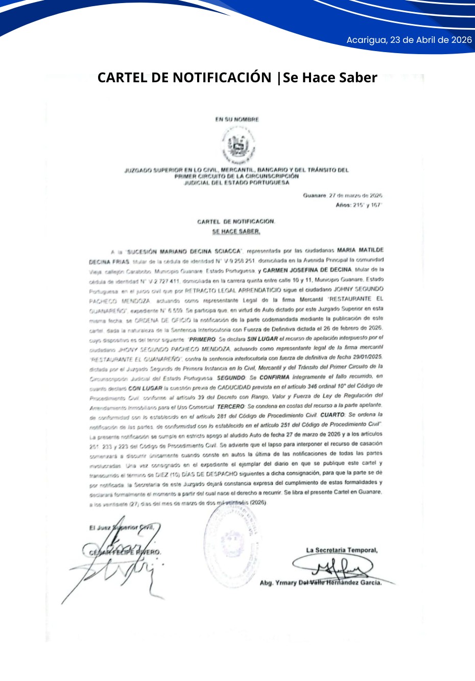 CARTEL DE NOTIFICACIÓN |Se Hace Saber A la "SUCESIÓN MARIANO DECINA SCIACCA",