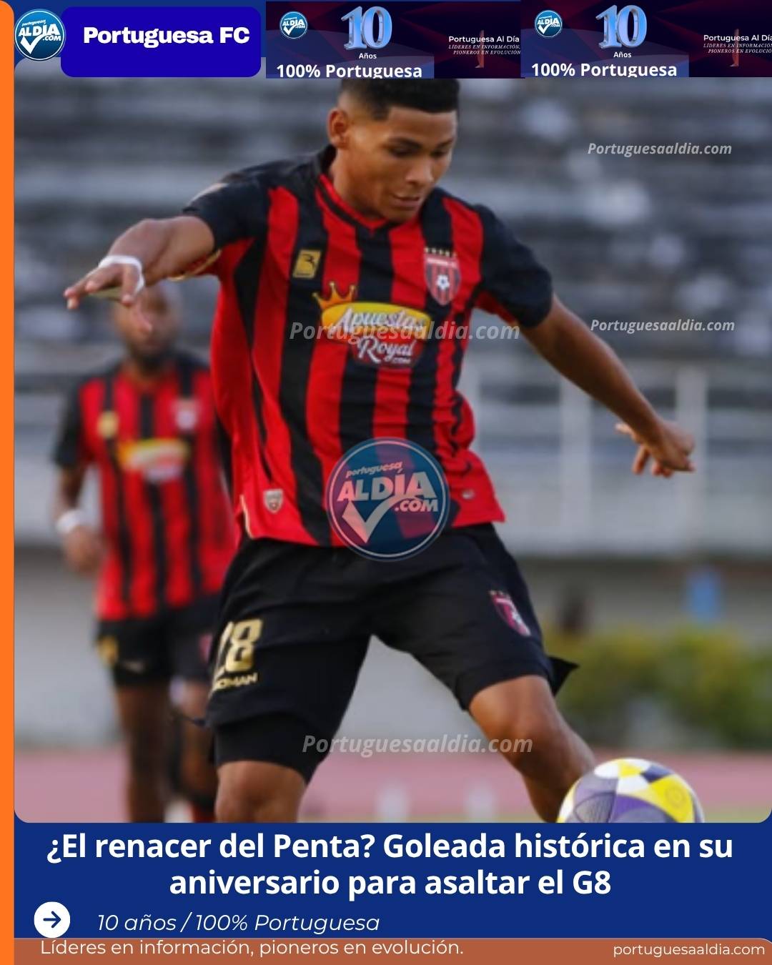 Jugadores del Portuguesa FC celebrando un gol en el partido de aniversario ante Puerto Cabello.