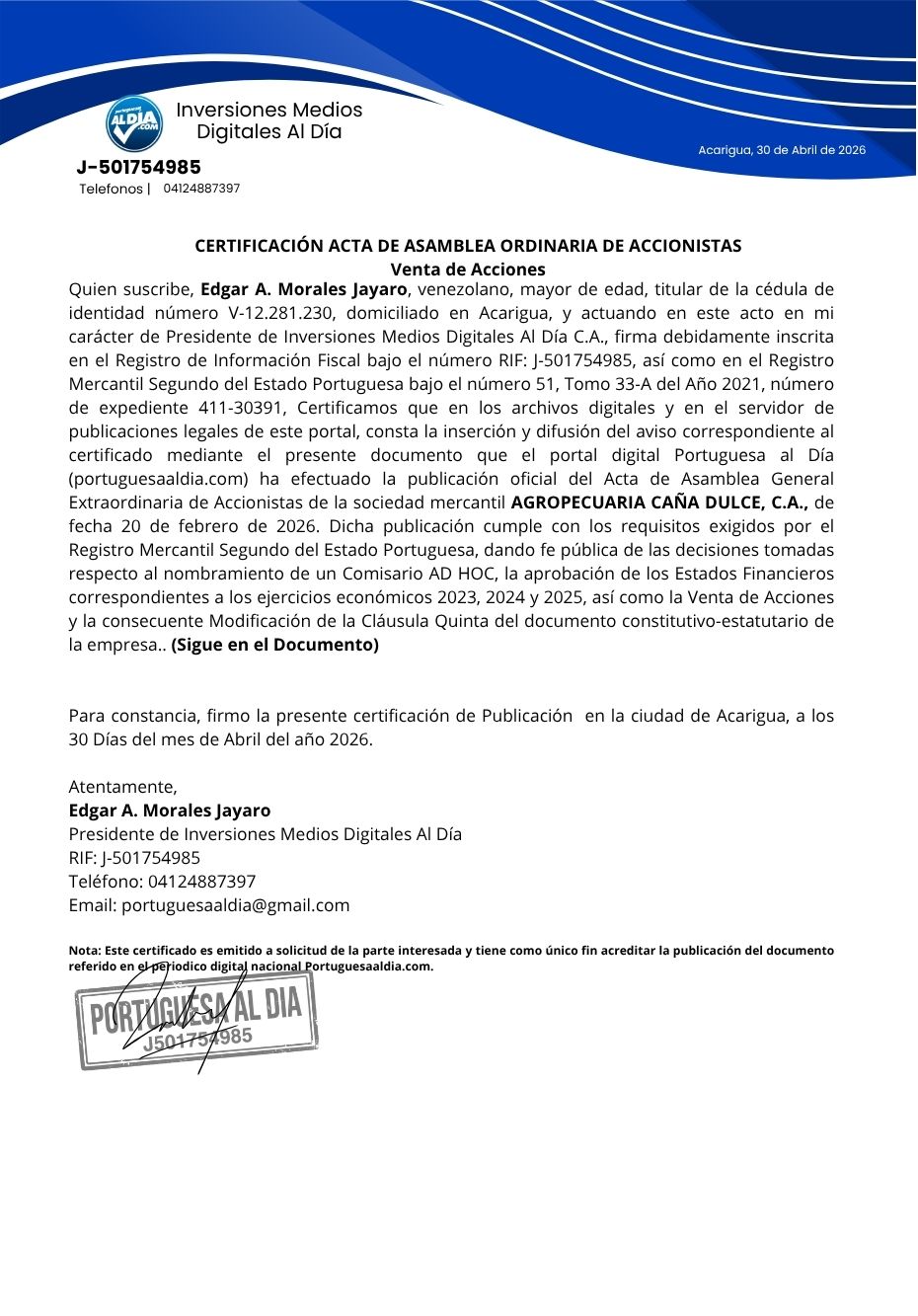Certificado Venta de Acciones