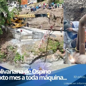 Cuadrillas de la Alcaldía Bolivariana de Ospino realizando la instalación de barandas protectoras en un puente vial.