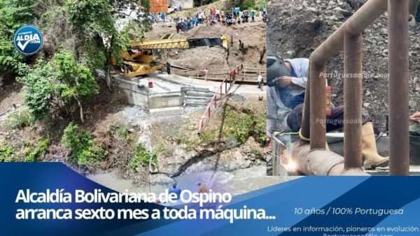 Cuadrillas de la Alcaldía Bolivariana de Ospino realizando la instalación de barandas protectoras en un puente vial.
