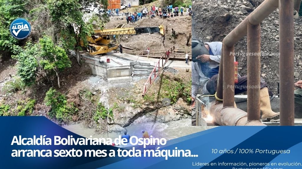 Cuadrillas de la Alcaldía Bolivariana de Ospino realizando la instalación de barandas protectoras en un puente vial.