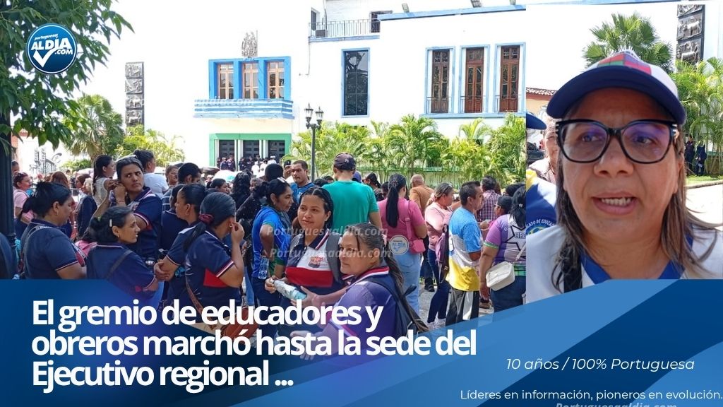 ocentes y personal obrero de Portuguesa protestando frente a la sede de la Gobernación regional por reclamos salariales.