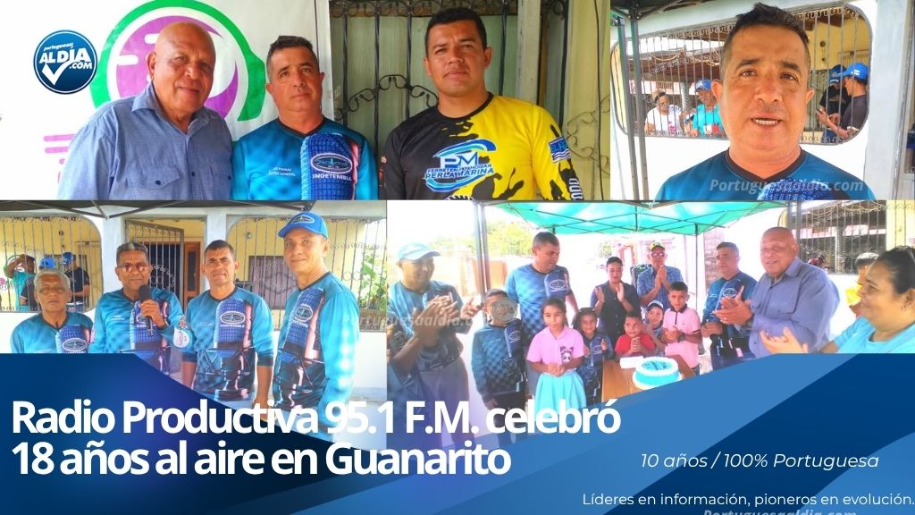Locutores y operadores técnicos en la cabina de Radio Productiva 95.1 F.M. durante el programa especial de aniversario.