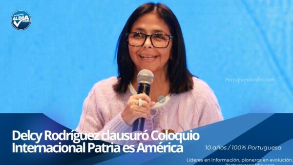Presidenta Encargada Delcy Rodríguez durante su discurso de clausura en el Teatro Teresa Carreño.