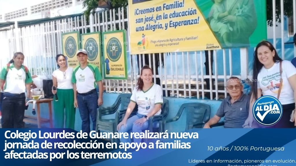 Fachada externa del Colegio Nuestra Señora de Lourdes de Guanare durante una actividad de recolección benéfica.