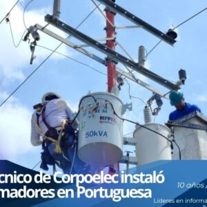 Trabajadores del área eléctrica realizando maniobras y conexiones en transformadores de baja y media tensión en el estado Portuguesa.