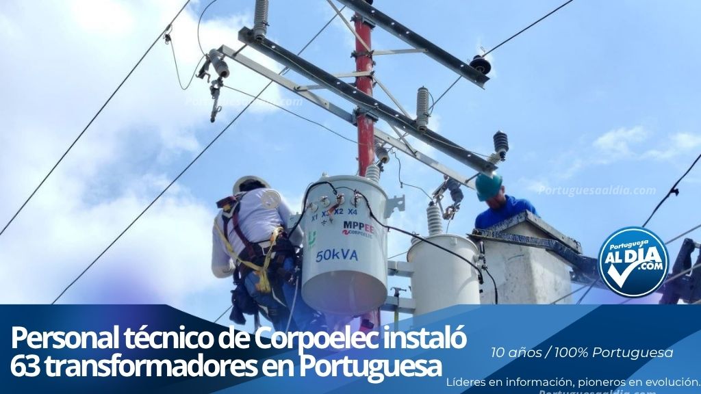 Trabajadores del área eléctrica realizando maniobras y conexiones en transformadores de baja y media tensión en el estado Portuguesa.