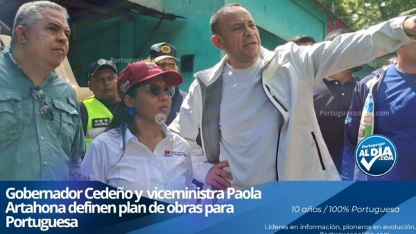 El gobernador Antonio Primitivo Cedeño y la viceministra de Transporte inspeccionando las bases socavadas de un puente en Portuguesa.