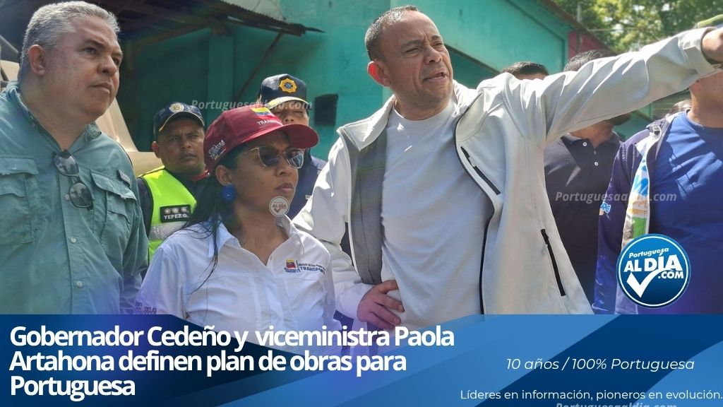 El gobernador Antonio Primitivo Cedeño y la viceministra de Transporte inspeccionando las bases socavadas de un puente en Portuguesa.