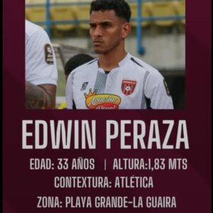 Cartel oficial de búsqueda contenido en el archivo "WhatsApp Image 2026-06-25 at 12.07.10 PM.jpeg", con la palabra "DESAPARECIDO" y la fotografía de Edwin Peraza vistiendo la camiseta del Portuguesa FC, detallando sus datos físicos, el sector Playa Grande-La Guaira y el teléfono de contacto.