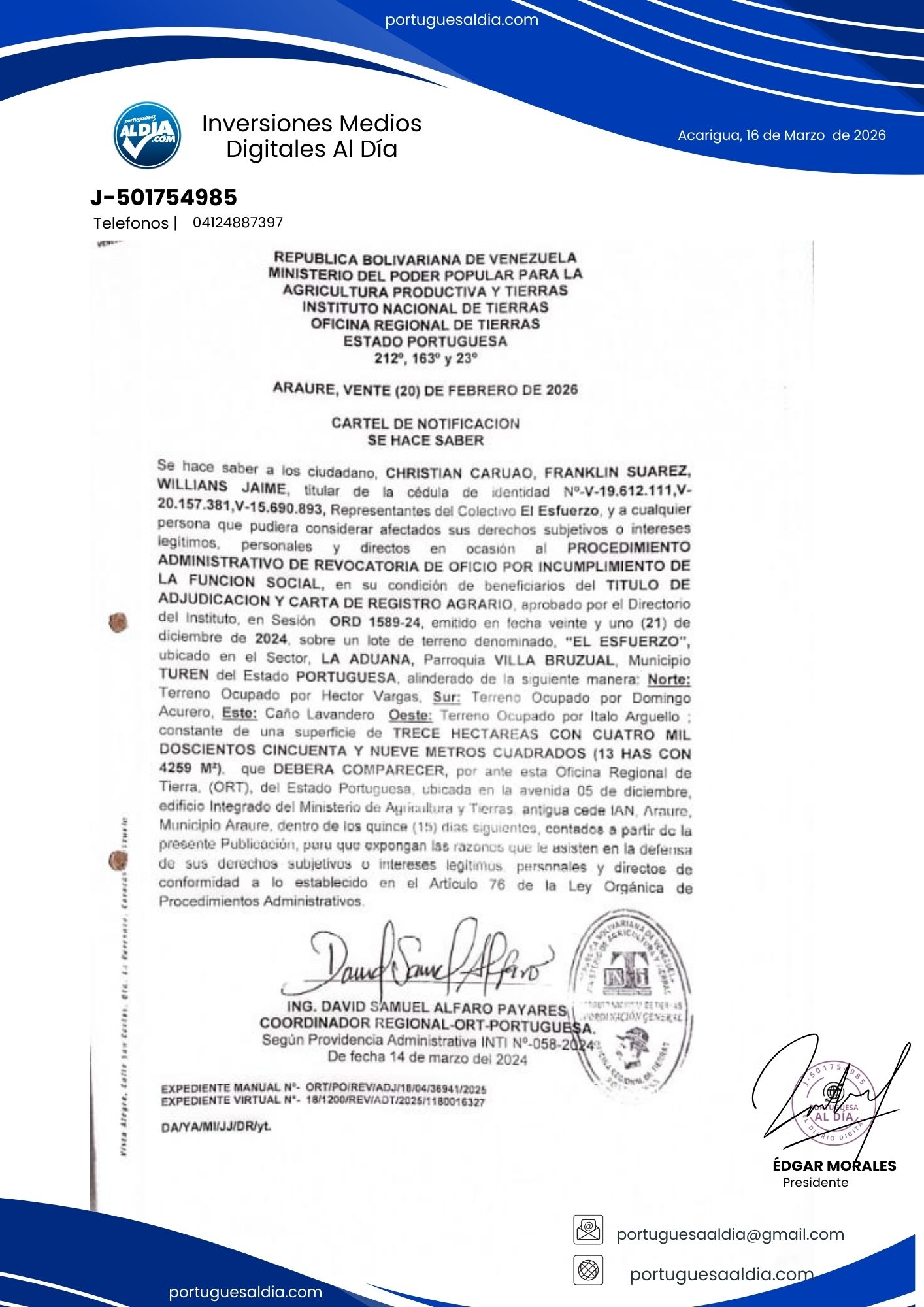 TITULO DE ADJUDICACION Y CARTA DE REGISTRO AGRARIO