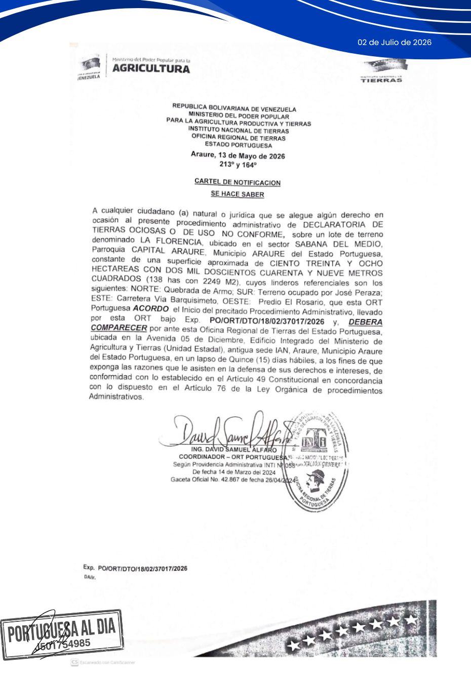 La Oficina Regional de Tierras del estado Portuguesa inicia procedimiento administrativo de declaratoria de tierras ociosas sobre el lote «La Florencia» en Araure. Conoce los plazos de comparecencia.