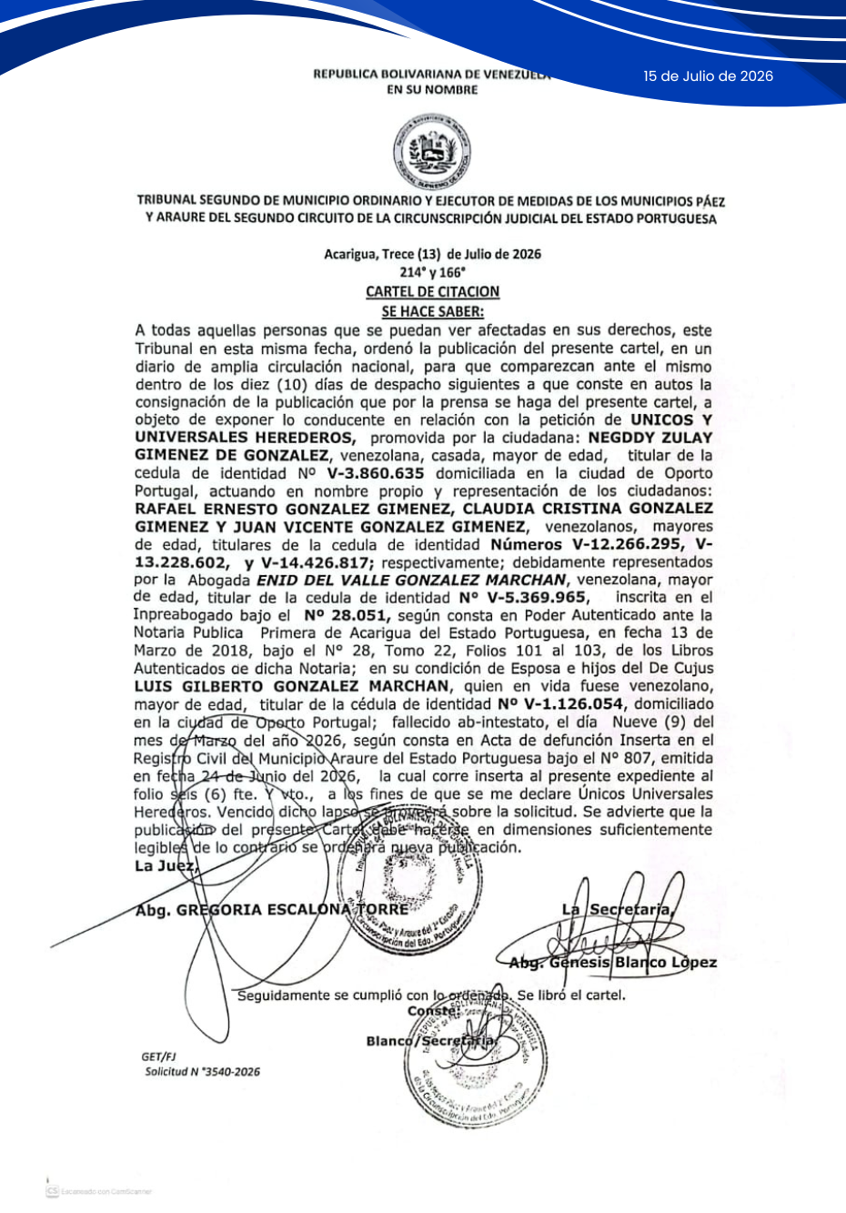 CARTEL DE CITACIÓNSE HACE SABER