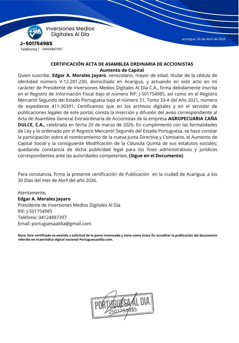 Certificado de Publicacion AGROPECUARIA CAÑA DULCE