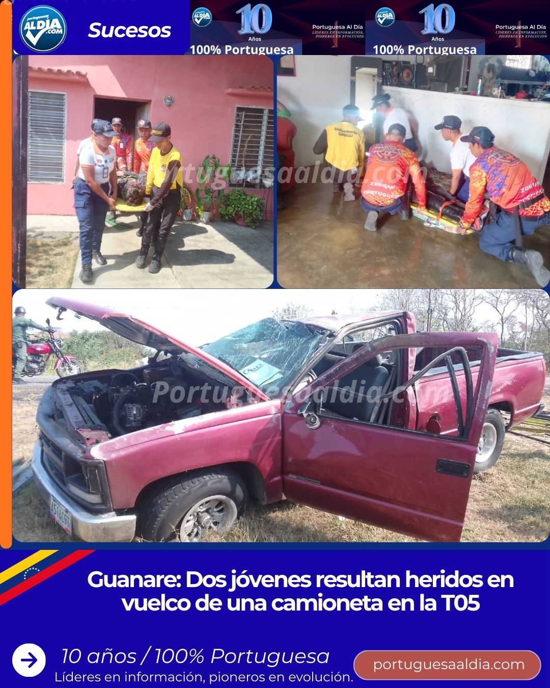 Guanare: Dos jóvenes resultan heridos en vuelco de una camioneta en la T05