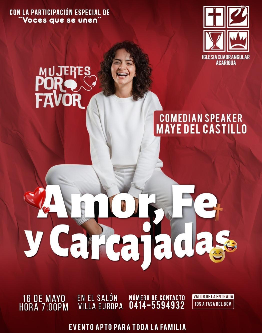 Invitación al evento Amor, Fe y Carcajadas en Salón Villa Europa Acarigua.