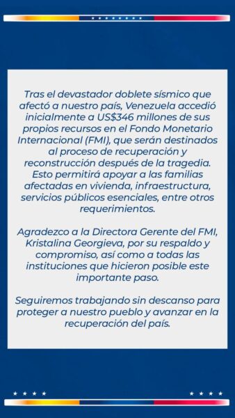 Comunicado oficial del Gobierno de Venezuela detallando el acceso a fondos propios en el FMI para la recuperación post-sismo.