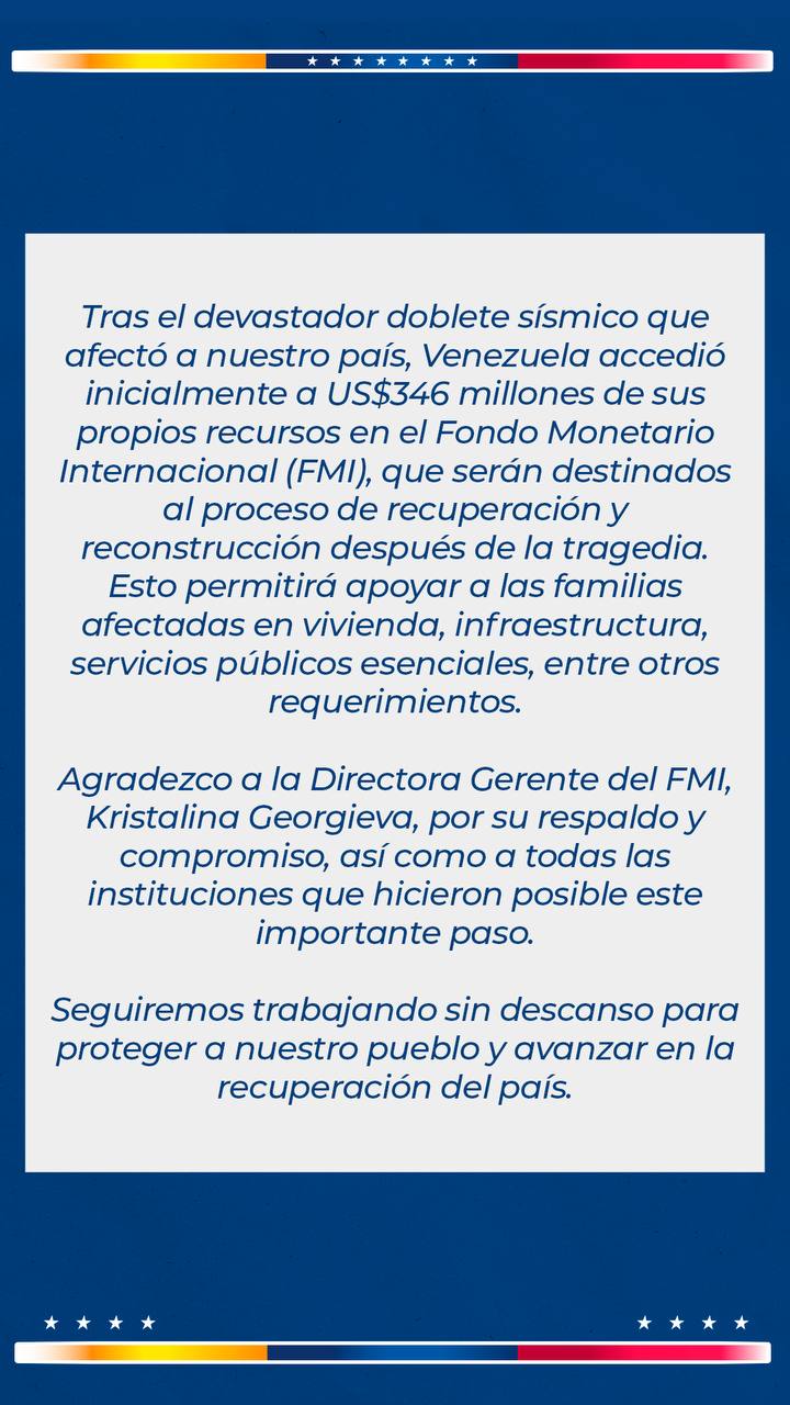 Comunicado oficial del Gobierno de Venezuela detallando el acceso a fondos propios en el FMI para la recuperación post-sismo.